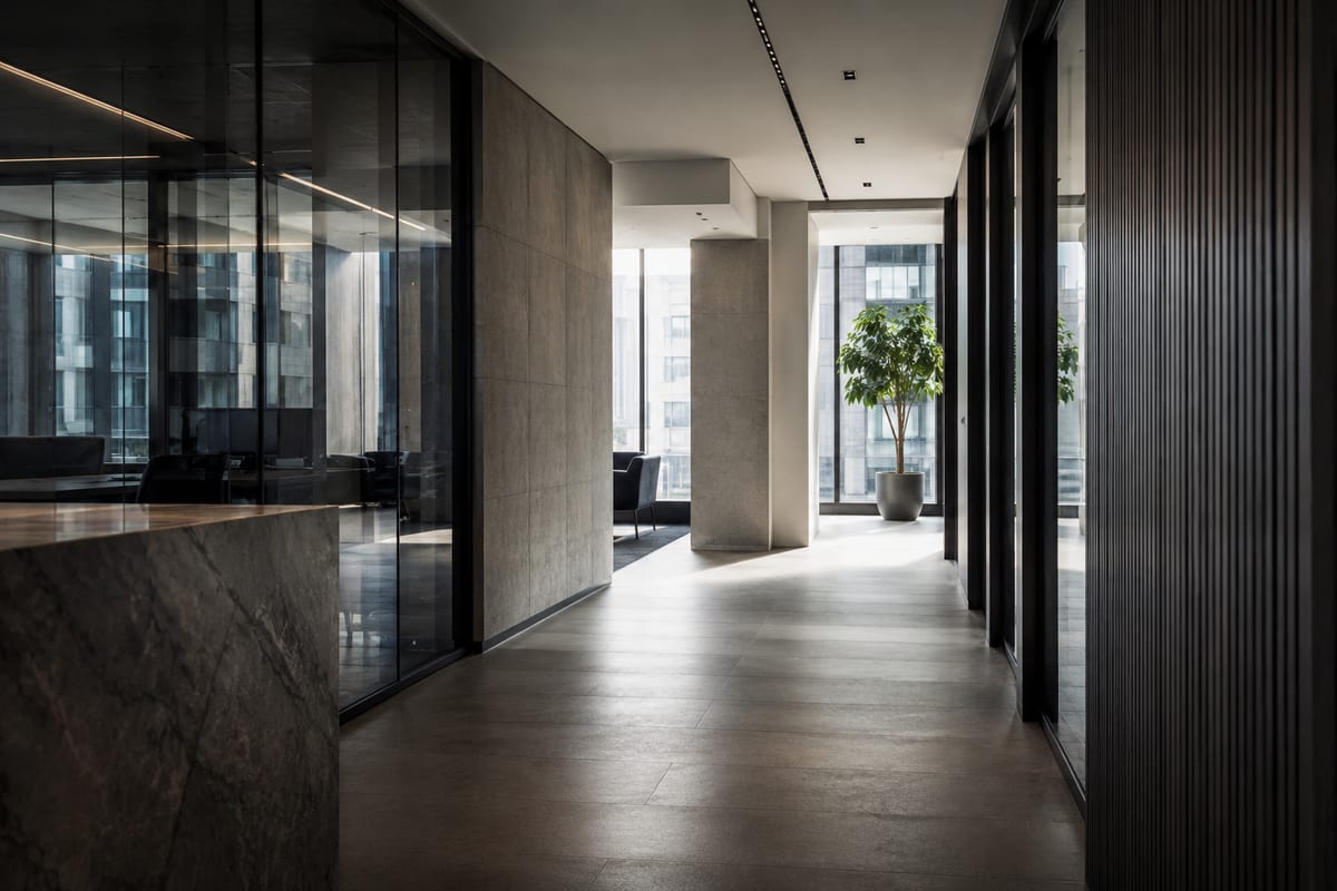 A quiet office corridor with glass meeting rooms, stone walls, and natural light.